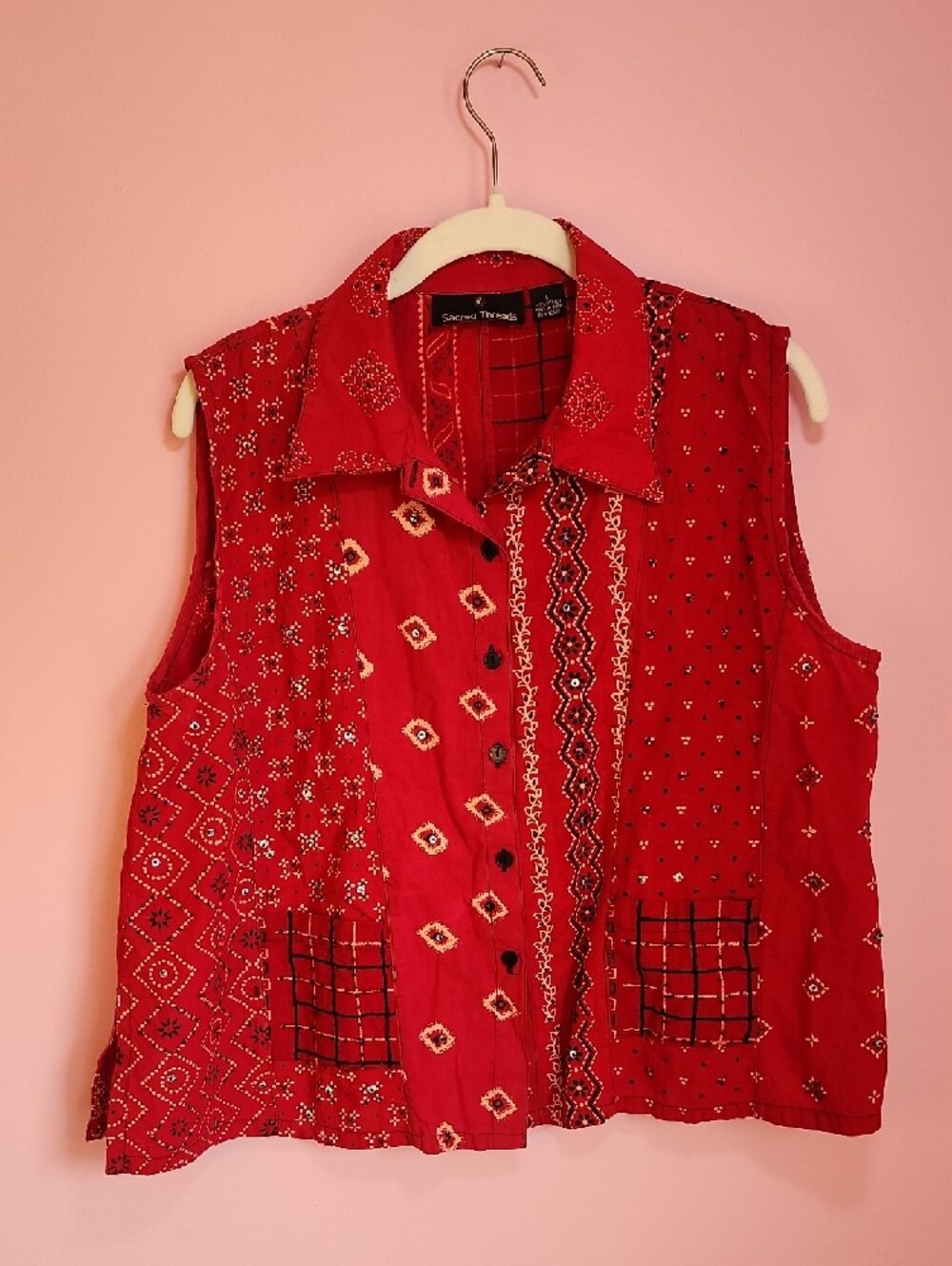 Sacred Threads Red Patchwork Button-Front Top - Picture 6 of 7